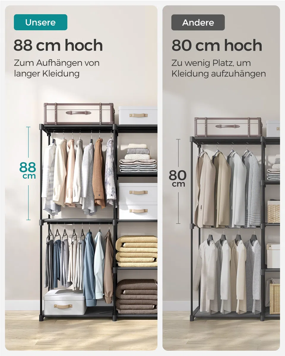 SONGMICS Kleiderschrank, Kleiderständer, freistehende Garderobe, mit Kleiderstangen, Garderobenständer, Stoffablagen, Metallrahmen, 182 x 43 x 182 cm, tintenschwarz RYG037B02