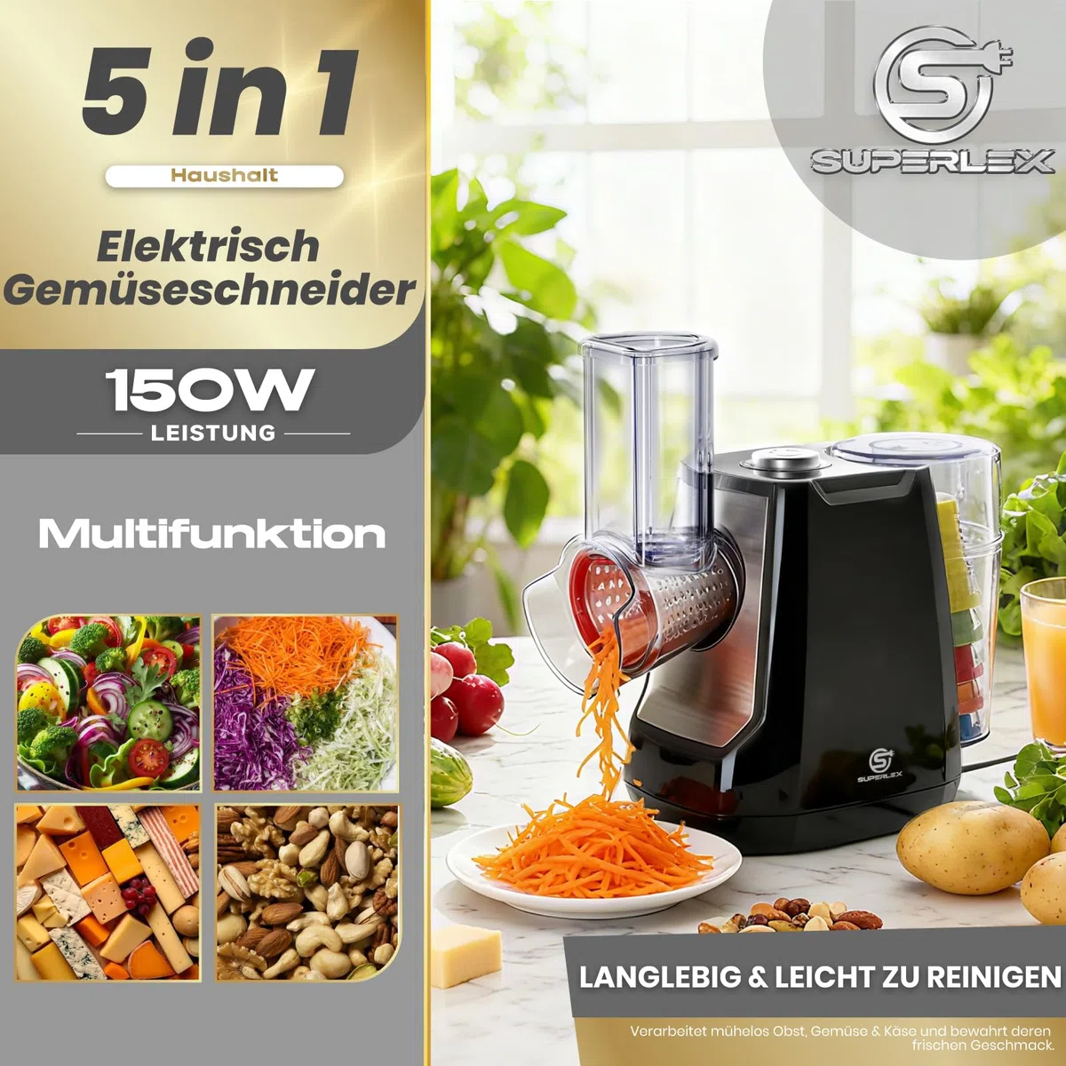 Gemüseschneider Elektrisch 5-in-1 Gemüsehobel mit 5 Austauschbaren Trommelklingen Elektrische Reibe und Zerkleinerer für Obst Gemüse Käse Obst Nüsse Karotten Ein Klick Bedienung Reibe Küche
