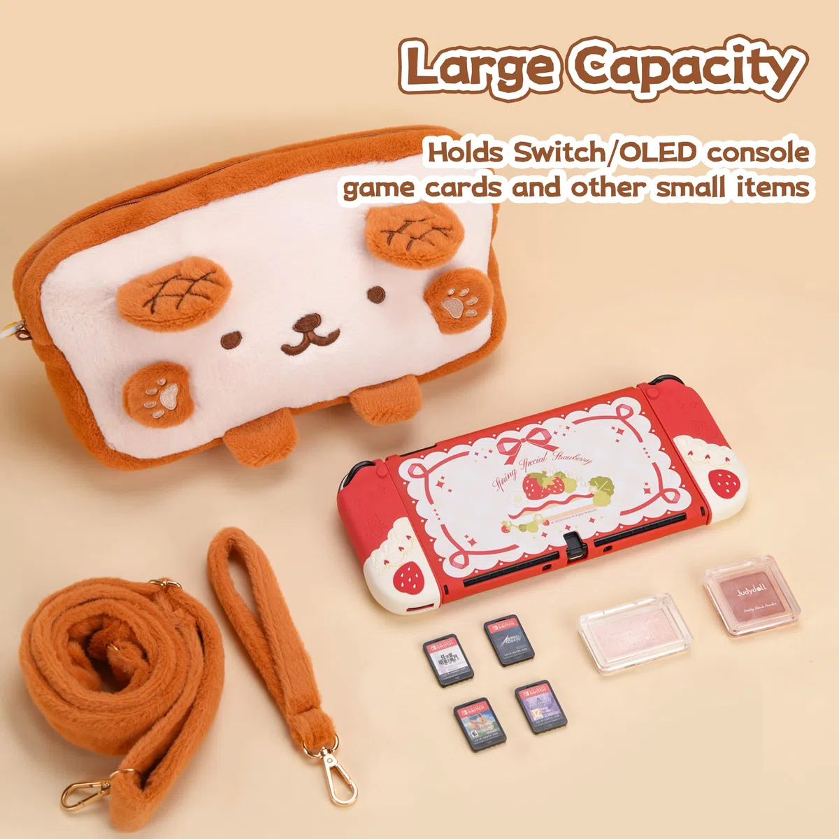 GeekShare Toast Plüsch Tasche kompatibel mit Switch/OLED Große Kapazität Reise Tragetasche mit einem Schultergurt passen Switch-Konsole & Spiel-Zubehör