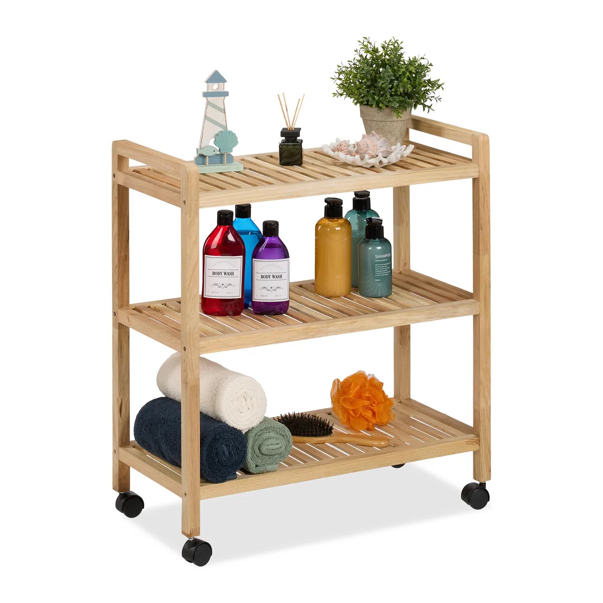 Relaxdays Badregal, Holz, HxBxT: 72 x 65 x 31 cm, Holzregal mit Rollen, 3 Ablagen, Regal für Badezimmer & Küche, Natur
