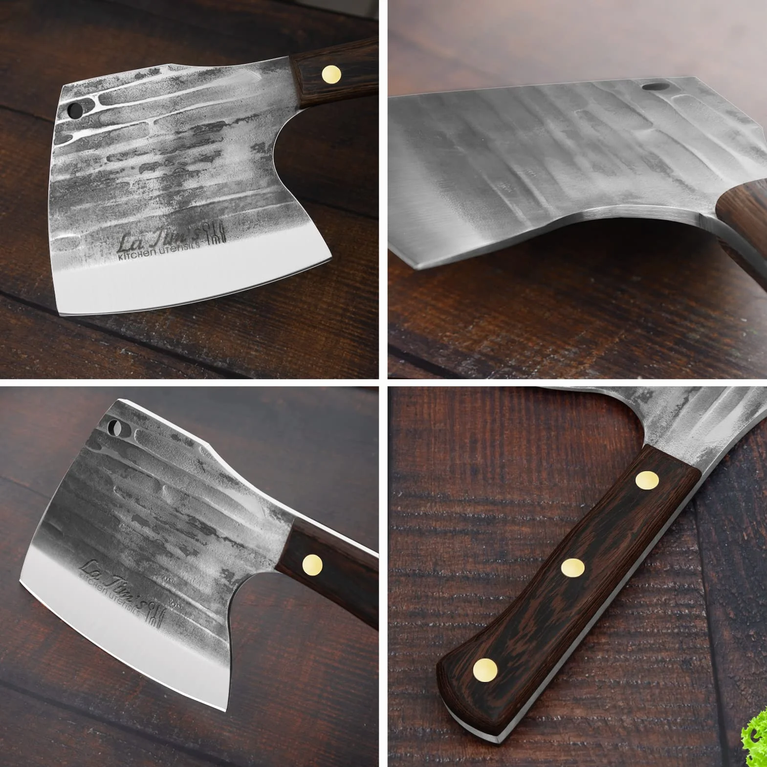 LA TIM'S Hackmesser, 0,85KG schweres Hackbeil, handgeschmiedetem Kohlenstoffstahl Fleischbeil, Fleischermesser zum Hacken von Knochen, Massivholzgriff