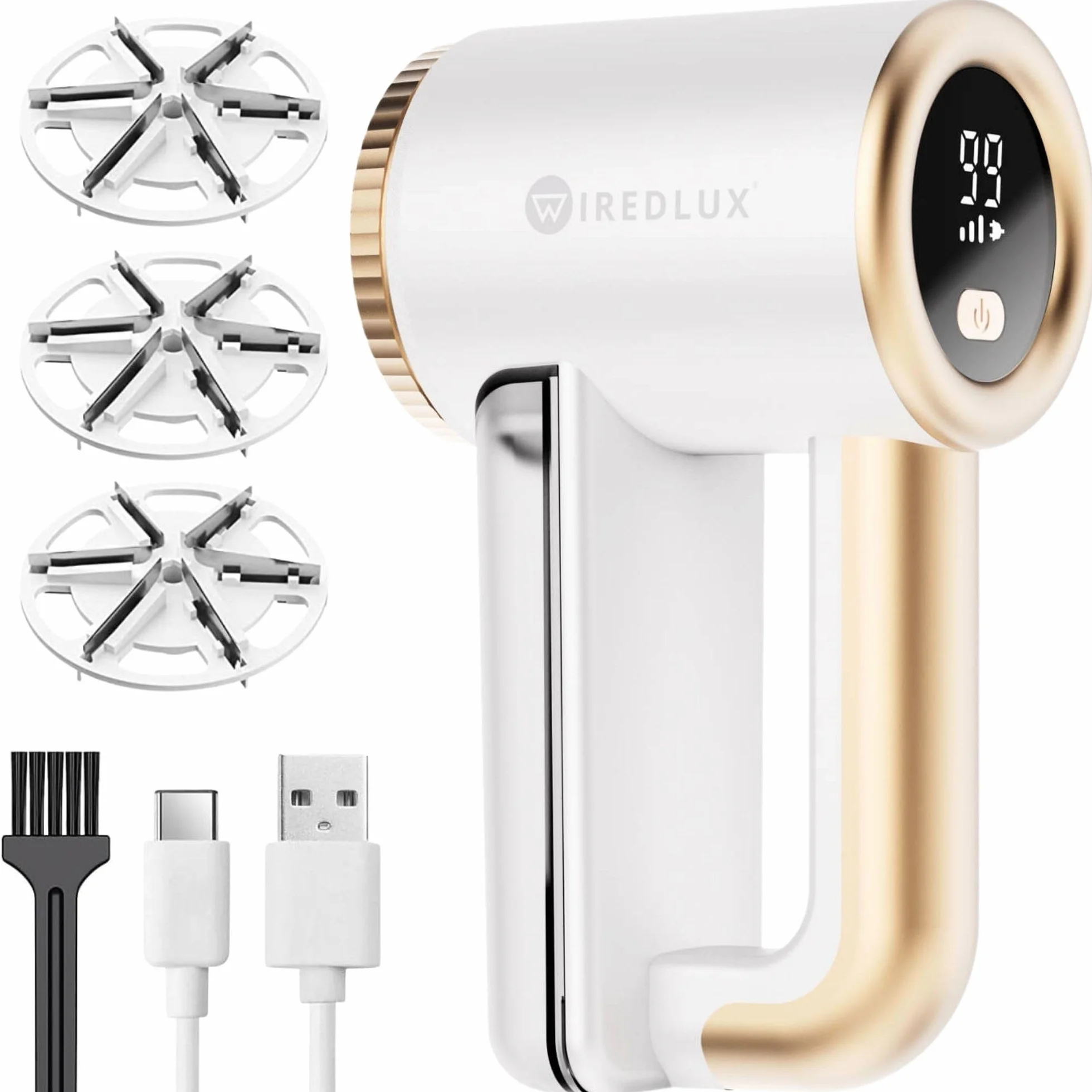 Fusselrasierer Elektrisch WiredLux - Wiederaufladbarer Fusselentferner für Kleidung & Möbel - Einstellbare 3-Fach Geschwindigkeit, 6-blättrige Klinge, LED-Anzeige, USB-Aufladung (Weiß)