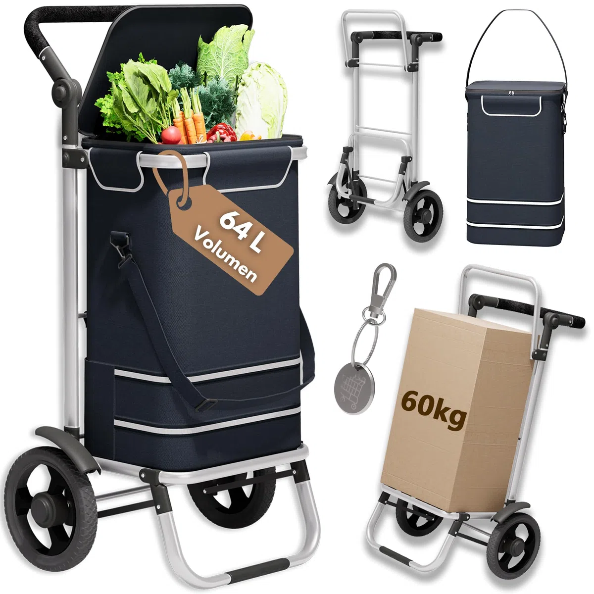 Einkaufstrolley 64L groß - Einkaufswagen klappbar, Trolley bis 60kg, Einkaufstasche mit Rollen und Kühlfach, Einkaufsroller mit Reflektor, Handwagen inkl. Einkaufswagenchip, Schwarz
