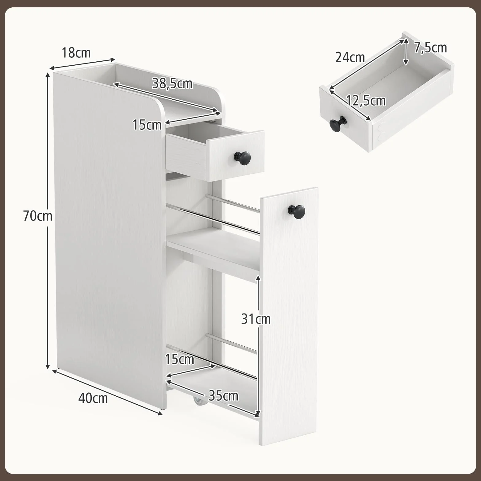 COSTWAY Nischenschrank mit Rollen, Badezimmerschrank mit offener Ablage & 2 Schubladen, Rollwagen, Nischenwagen schmal für Badezimmer, Küche & Wäscherei, 18 x 40 x 70 cm (Weiß)