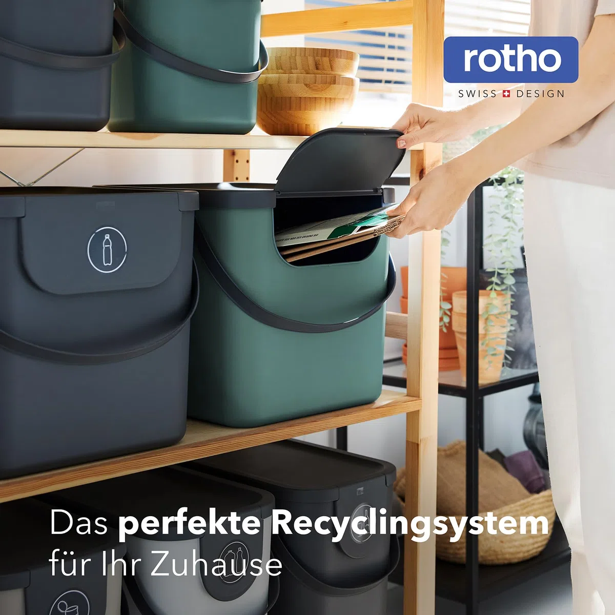 Rotho Albula 2er-Set Abfalltrennsystem 40l | Mülltrennsystem 2fach mit Henkel und Aufklebern | stabil & stapelbar | auch gestapelt zu öffnen | einfach zu reinigen & hygienisch | grün/anthrazit