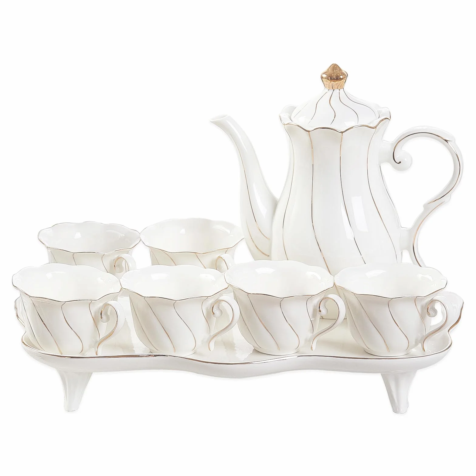 DUJUST 14 Teiliges Teeservice mit 6 Tabletts und -Löffeln, Luxuriöses Kaffeetassen-Set im Britischen Stil mit Goldenem Rand, Schönes Porzellan-Tee-Set, Tee-Party-Set, Geschenkpaket - Weiß