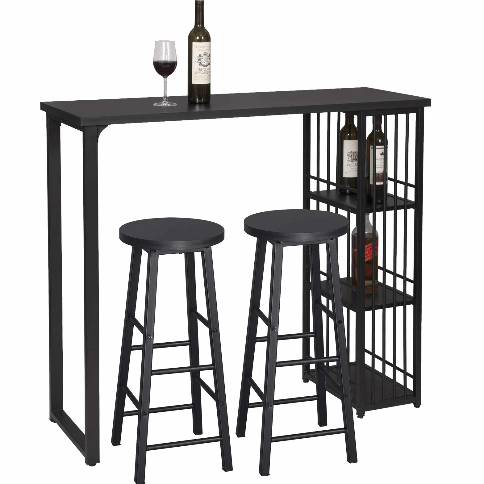 WOLTU Küche Bartisch und 2 Hocker Set Frühstück Esstisch Schwarz Couchtisch Starkes Metallgestell BT26sz+BH130sz-2