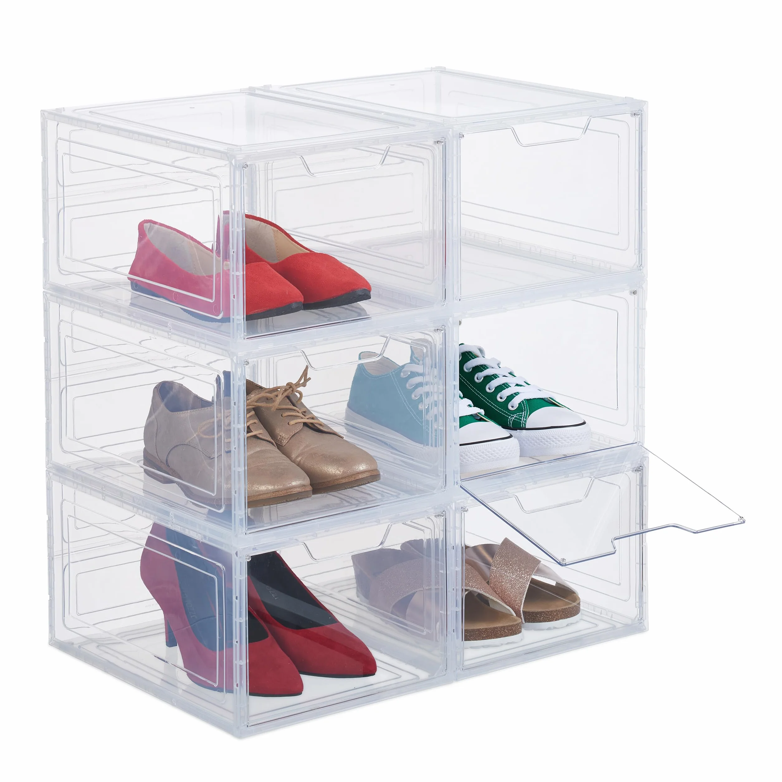 Relaxdays Schuhboxen 6er Set, mit Tür, Schuhorganizer, stapelbar, für Schuhe bis Größe 50, Sneaker Boxen, transparent