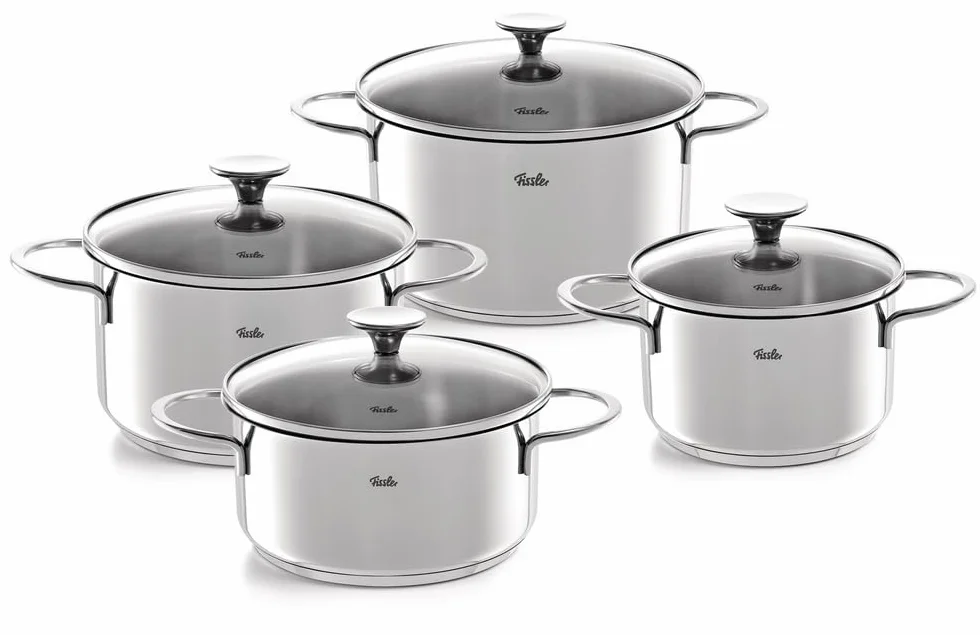 Fissler Copenhagen/Edelstahl-Topfset, 4-teilig, Kochtopf-Set, Töpfe mit Glas-Deckel, 3 Kochtöpfe, 1 Bratentopf - Induktion