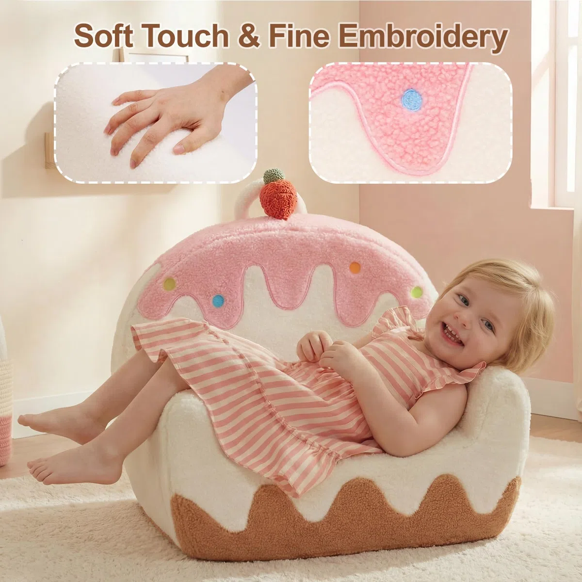 OUOZZZ Kindersofa & Kindersessel ab 1 Jahr, Soft Sherpa Kinder Sofa & Sessel Waschbar, Schaumstoff Mini Couch für Kinderzimmer Mädchen & Jungen, Eiscreme Design, Weiß