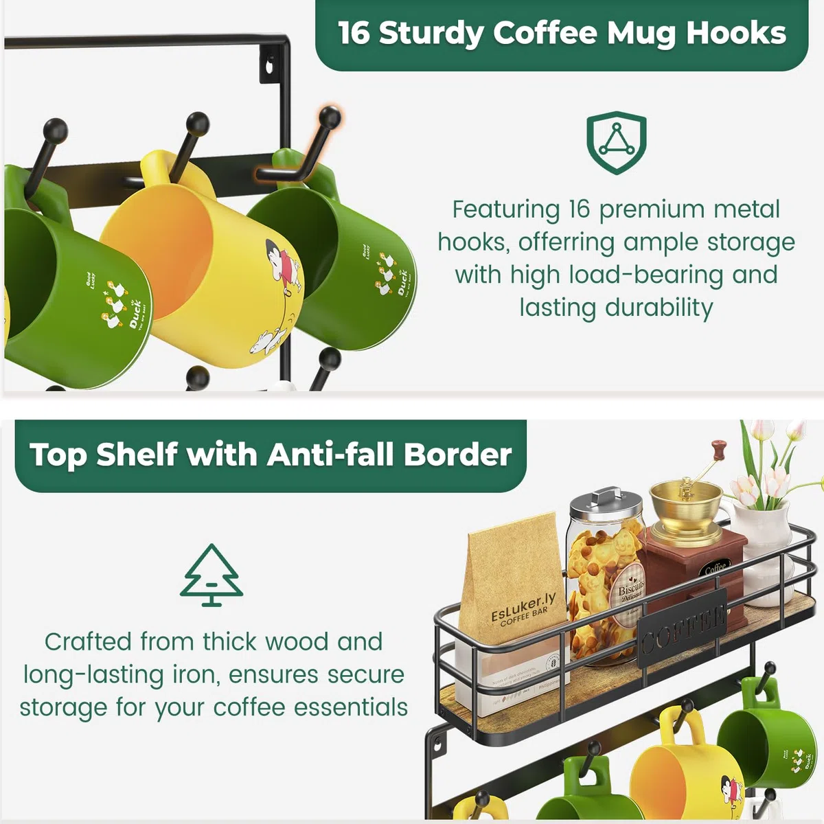 EsLucker.ly Tassenhalter Tassenständer Wand, Tassenregal Tassen Aufhanger Regal für die Wand, Kaffeetassen Regal, Tssenhalter Aufhängen, Platzsparendes Kaffeebar Zubehör, Ideal für Küchen