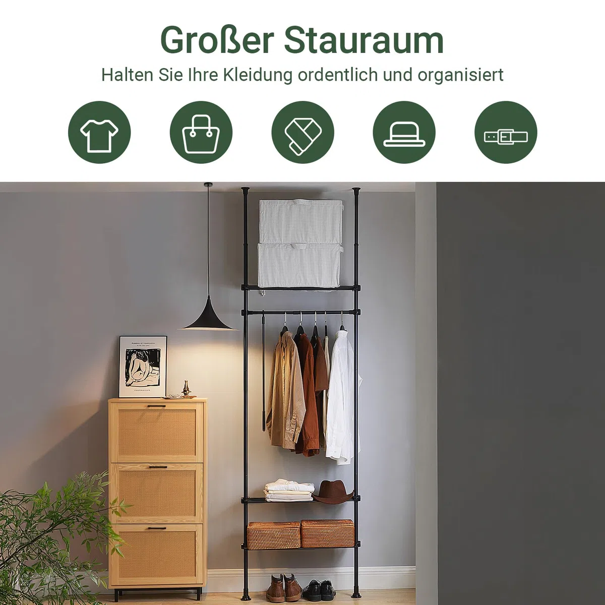 SoBuy Teleskop Kleiderständer, robuster Kleiderstange, verstellbarer offener Kleiderschrank mit Ablagen für Schlafzimmer, Garderobenständer, Schwarz KLS07-SCH