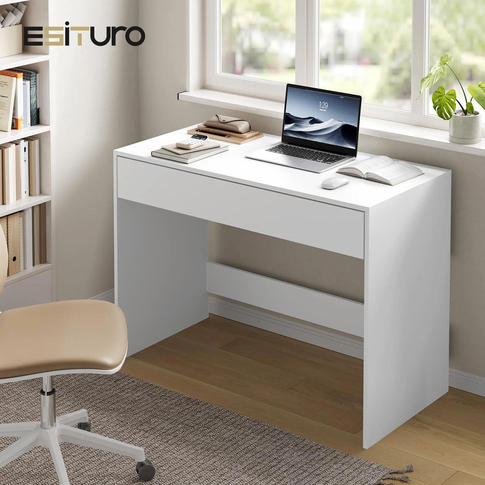 eSituro Schreibtisch mit Schubladen, Computertisch, Bürotisch, PC Tisch für Kinder & Schlafzimmer mit Minimalistischem Design, 100x50x75 cm, Weiß