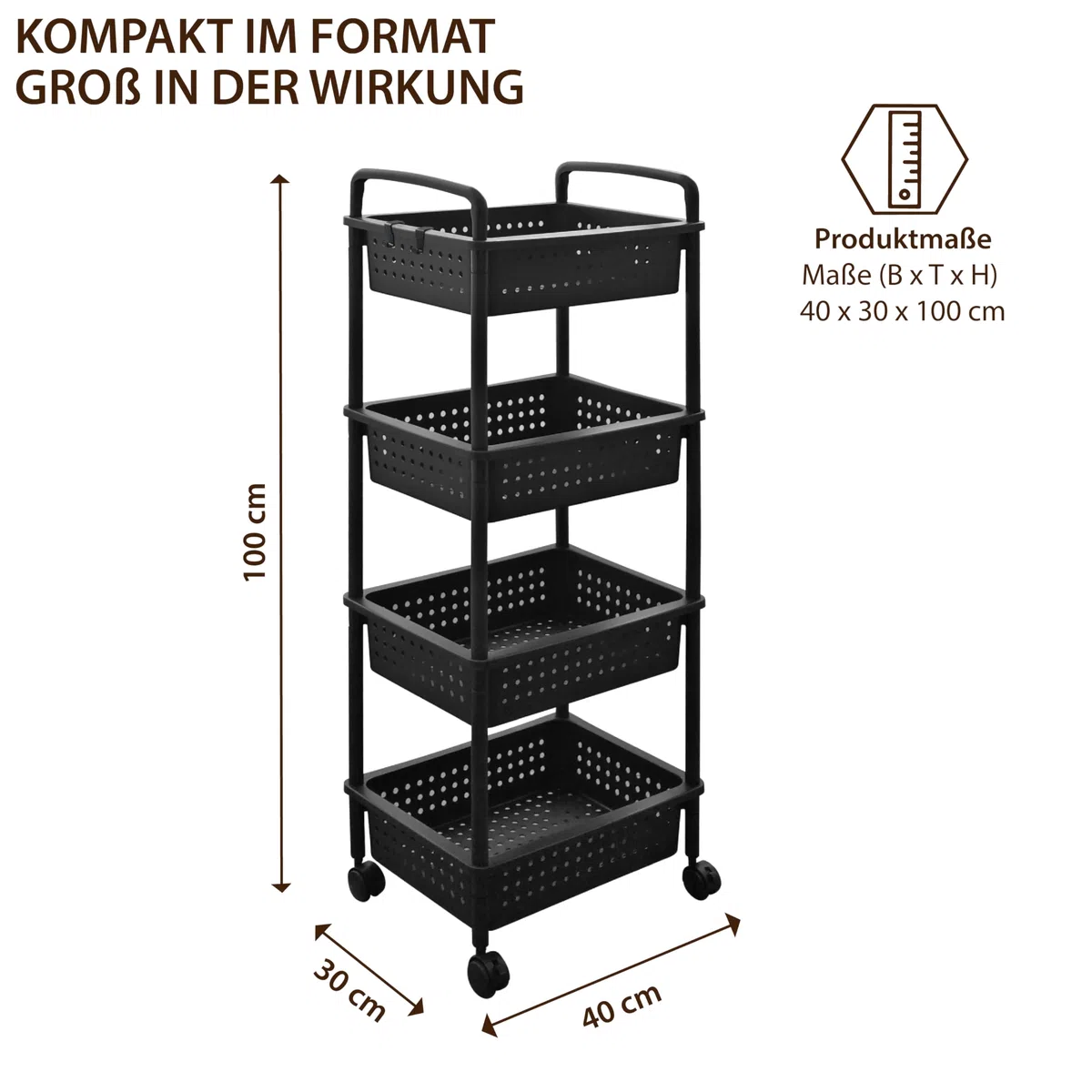 ABBAware Rollwagen mit 4 Körben, 40 x 30 x 100 cm Kunststoff Schwarz - Ablagefachwagen/Aufbewahrungswagen mit Rollen für Küche, Bad, Wohnzimmer