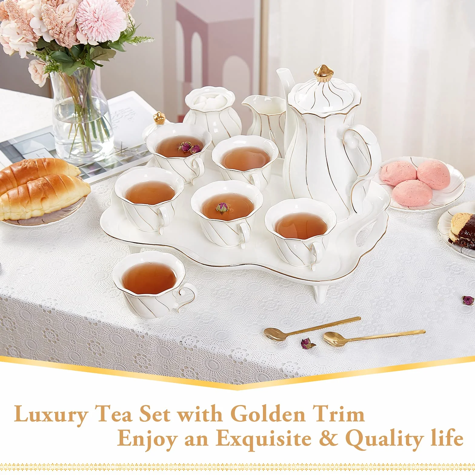 DUJUST 14 Teiliges Teeservice mit 6 Tabletts und -Löffeln, Luxuriöses Kaffeetassen-Set im Britischen Stil mit Goldenem Rand, Schönes Porzellan-Tee-Set, Tee-Party-Set, Geschenkpaket - Weiß