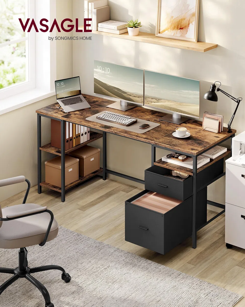 VASAGLE Computertisch, Bürotisch, Schreibtisch, mit 3 Ablagen, 2 Schubladen, 160 x 60 x 76 cm, fürs Büro, Wohnzimmer, Industrie-Stil, vintagebraun-schwarz LWD105K01