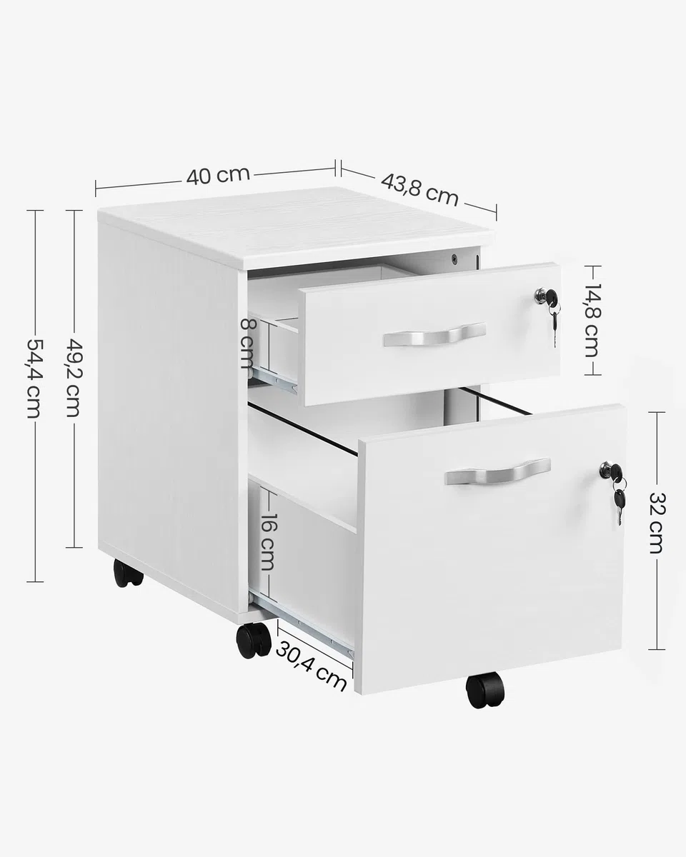 VASAGLE Custos Kollektion - Rollcontainer, abschließbar, Aktenschrank mit 2 Schubladen, 5 Rollen und Verstellbarer Hängeregistratur, für Dokumente im A4- und Letter-Format, weiß LCD22WV1