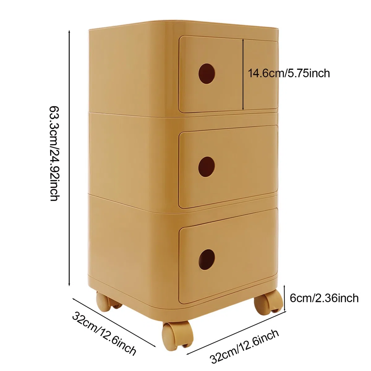Rollcontainer, Rollcontainer mit 3 Schubladen, Aktenschrank unter Schreibtisch, Büroschrank mit Rollen, für Büro und Zuhause (Ingwergelb)