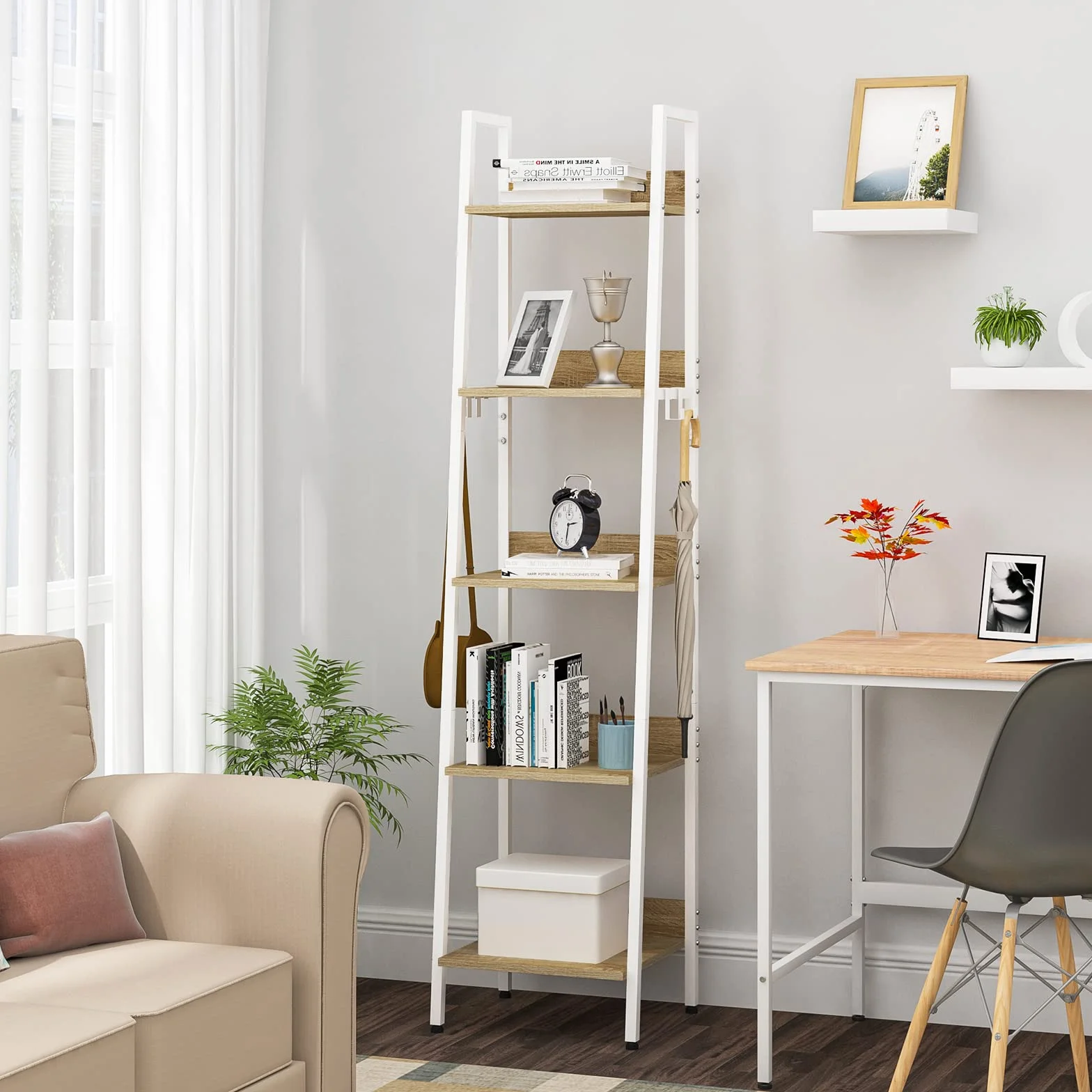 WOLTU Lagerregal mit 5 Ebenen, Küchenregal mit 4 Haken, Bücherregal im Industriestil, Standregal im Wohnzimmer Küche, Regal aus MDF Metall, schmales Leiterregal weiß 40x 170x36 cm RGB9289whe