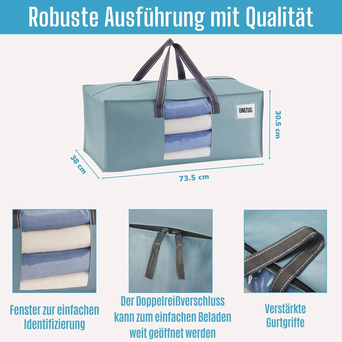 VENO 10er-Pack Umzugstaschen XXL (87 Liter) mit Sichtfenster,Aufbewahrungstasche mit Starken Griffen & Reißverschluss, Faltbare Alternative zu Umzugskartons für Kleidung & Bettwäsche (Hellblau)