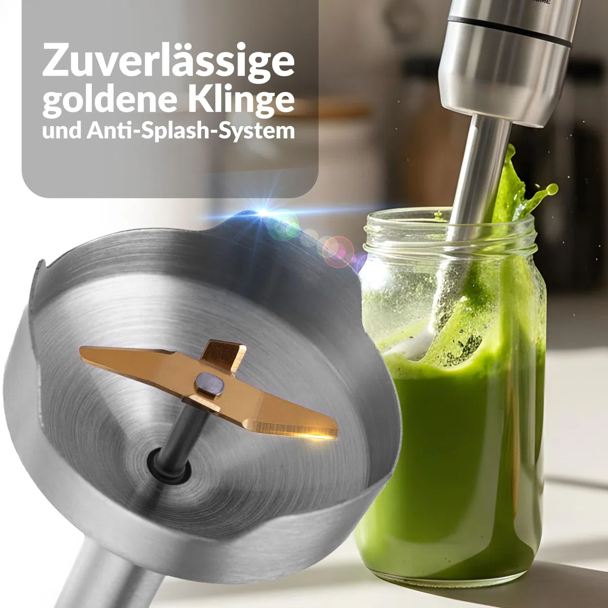 LEHMANN Stabmixer Set 1200 Watt - Multifunktions Pürierstab 5-in-1-6 Zubehör - 860 ml Messbecher - 8-stufige Geschwindigkeitsregelung - Turbo-Funktion - 15.000 U/Min - BPA-frei - Goldene Klinge