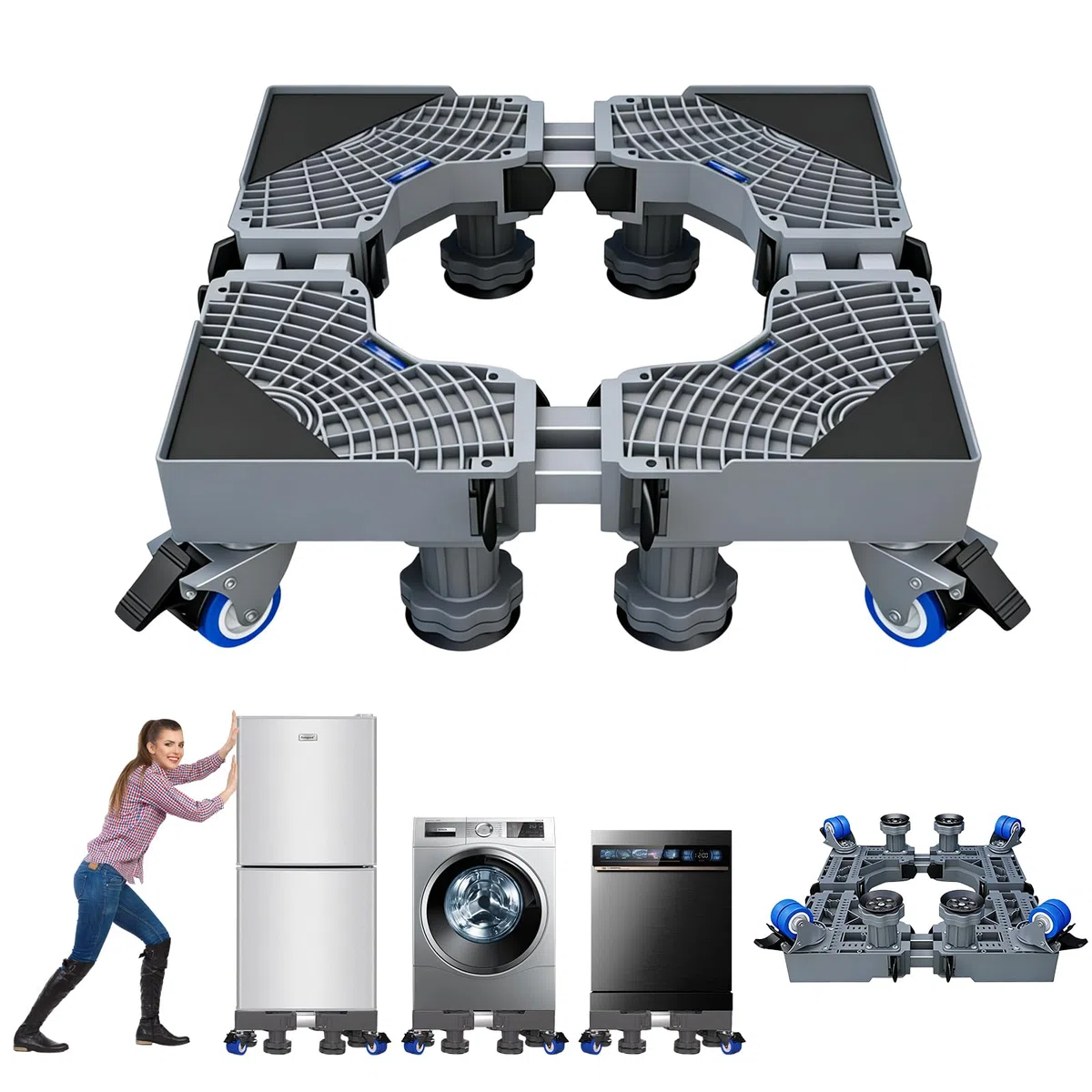 Waschmaschinen Untergestell mit Rollen, Sockel Verstellbar 45-68cm 300kg Tragkraft, Waschmaschine Podest mit 8 Füßen + 4 Bremsrädern für Waschmaschine Trockner Kühlschrank