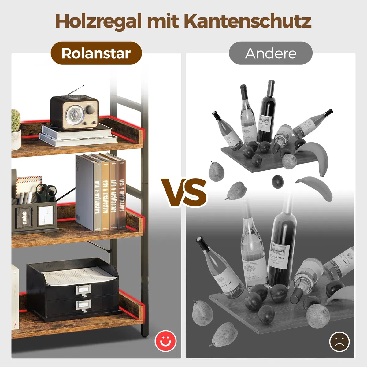 Rolanstar Regal, Bücherregal, Standregal, mit 5 Ebenen & 4 Haken, Holzregal mit Kantenschutz & offenes Regal, Standregal im Industriestil für Wohnzimmer, Schlafzimmer, Büro, 30 x 60 x 144cm