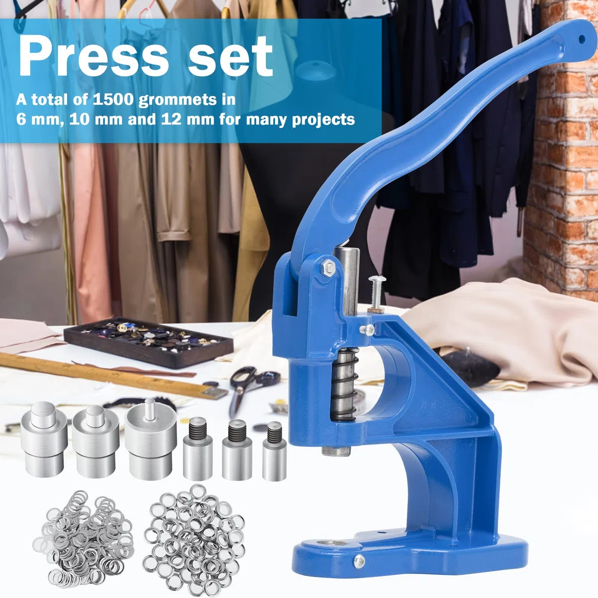 Ösenpresse Set, Aluminium Handpresse Ösenmaschine Ösenstanze Eyelet Grommet Machine mit 3 Stanzformen und 1500 Ösen (6/10/12mm) für Stoff Leder Nieten Knöpfe Nieten (Blau)