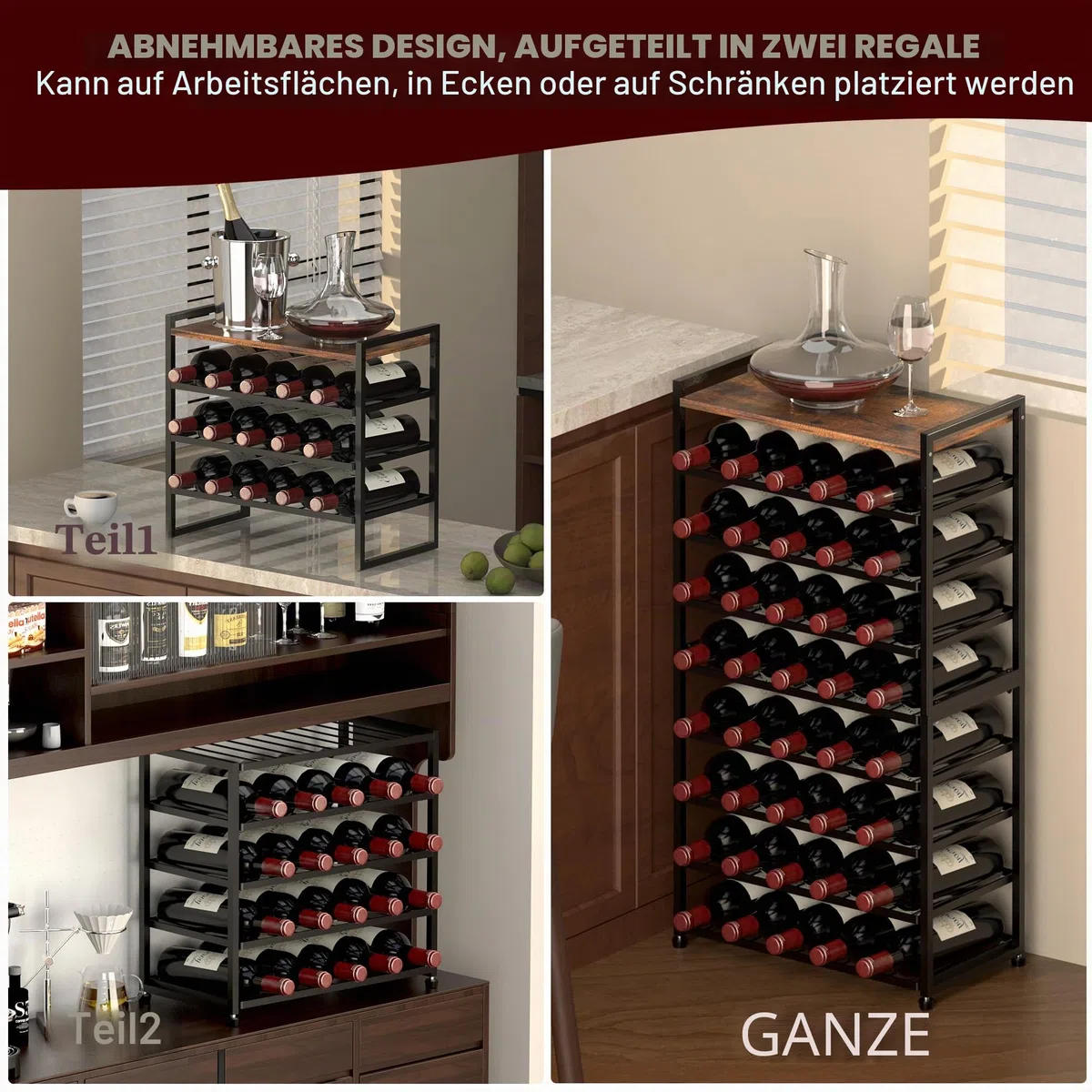 Weinregal für 40 Flaschen, 8-stufiges Flaschenregal, Stehendes Metall-Weinregal mit Tischplatte, Abnehmbarer Weinflaschenhalter, Barständer, Ausstellungsregal für Küche, Bar, Wine Rack