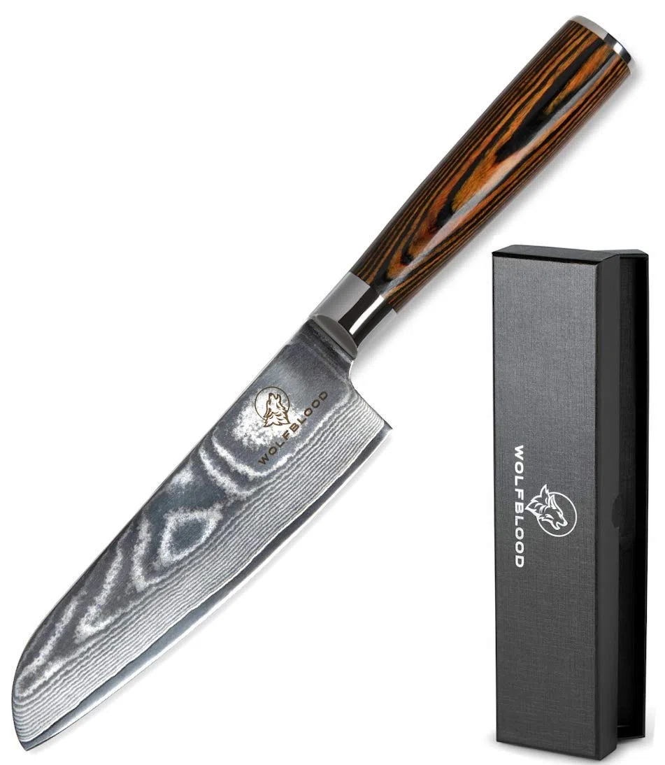 Wolfblood Damastmesser Santoku Messer L(24cm/13cm Klinge) TÜV geprüfter 62 HRC Damaststahl aus 67 Lagen I Damast-Küchenmesser Santokumesser mit Holzgriff Geschenkbox und Klingenschutz