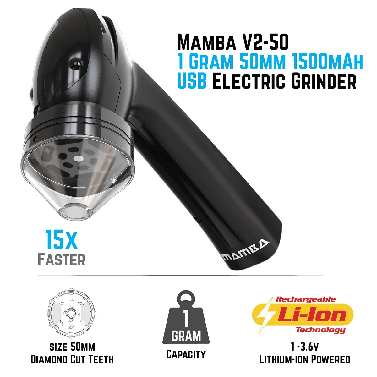 Mamba Grinder elektrischer Pollen Crusher Schwarz bis 1g, USB und Mamba Grinder Monster elektrische Gewürzmühle, USB-aufladbar