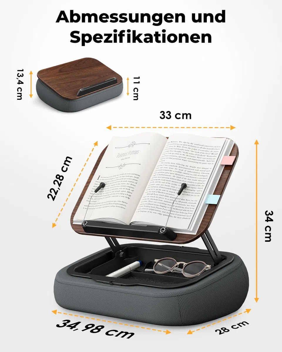 SupeDesk Buchständer zum lesen, verstellbarer Buchhalter Leseständer für Bett,Sofa,Schreibtisch, weicher Sitzsack Lesekissen mit Seitenclip & Stauraum,faltbar,freihändig,Essentials für Bücherliebhaber