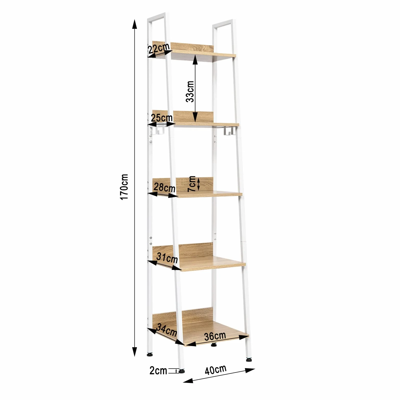 WOLTU Lagerregal mit 5 Ebenen, Küchenregal mit 4 Haken, Bücherregal im Industriestil, Standregal im Wohnzimmer Küche, Regal aus MDF Metall, schmales Leiterregal weiß 40x 170x36 cm RGB9289whe