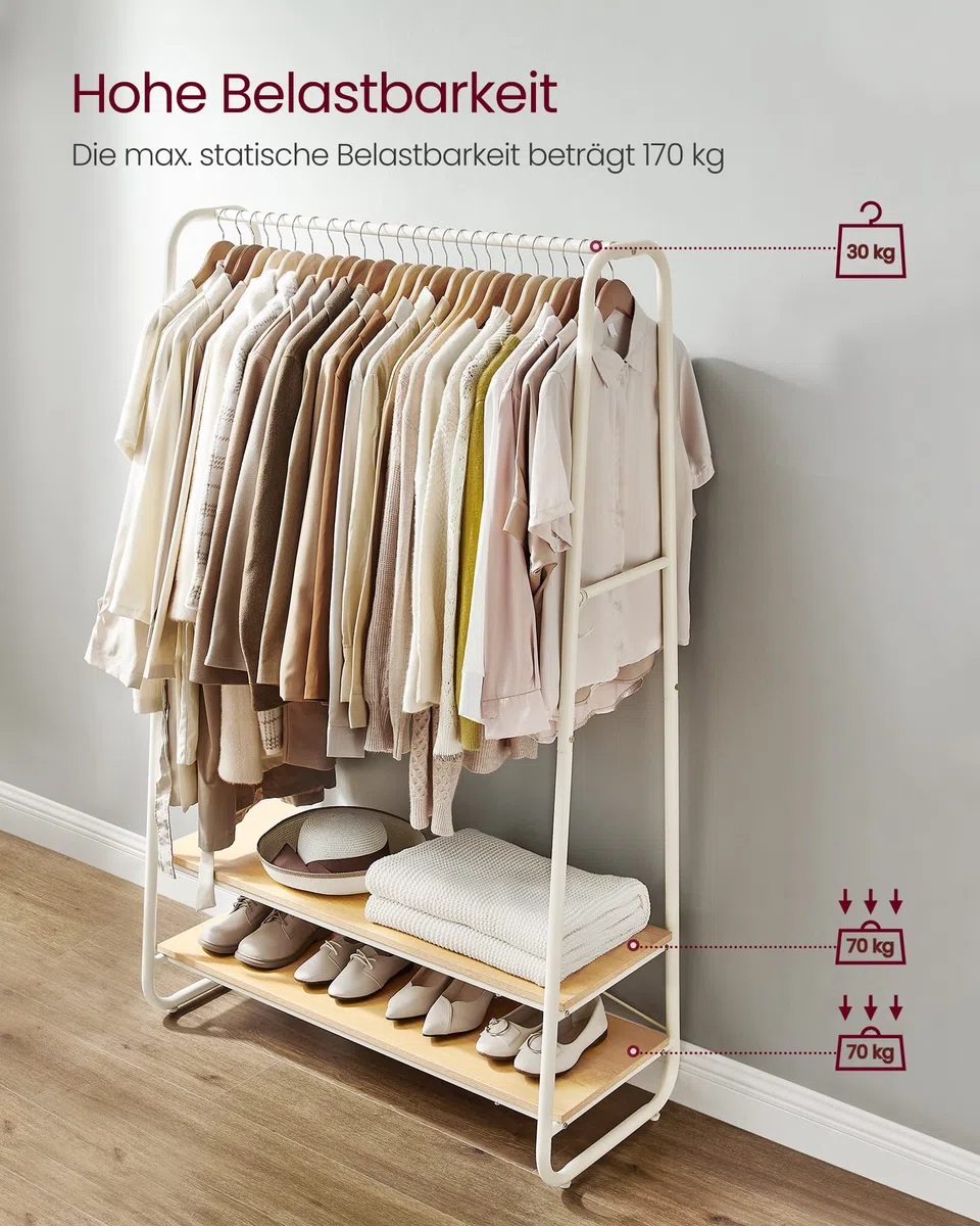 VASAGLE Kleiderständer, Garderobenständer, Garderobe, 2 Ablagen, 6 Haken in S-Form, Stahlgestell, 45 x 100 x 160 cm, für Schlafzimmer, Flur, Eingangsbereich, eichenfarben-cremeweiß RGR112W09