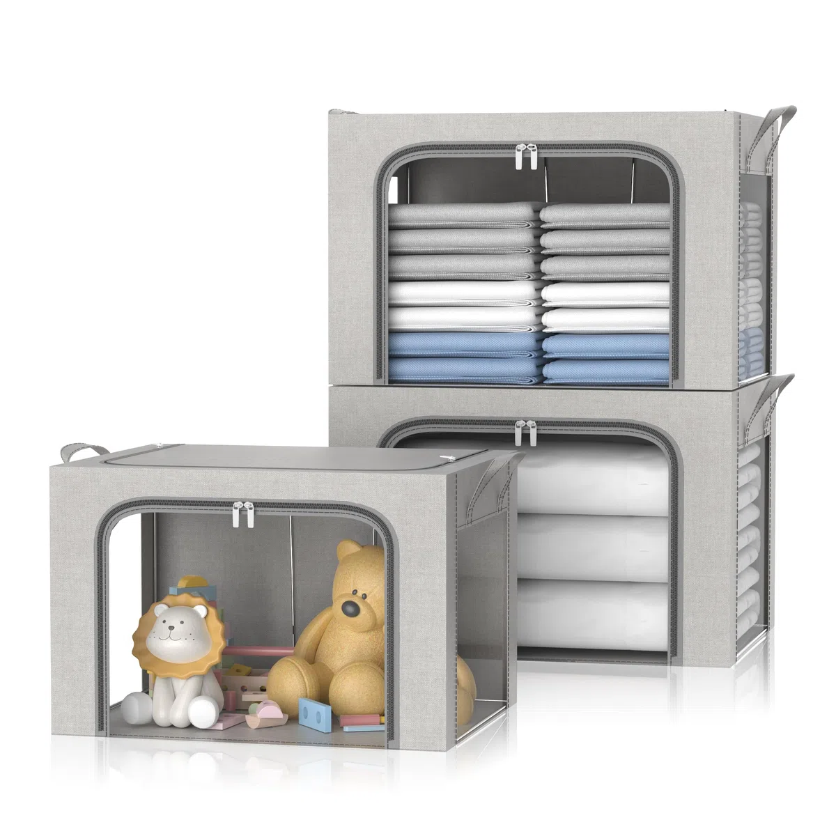 Aufbewahrungsbox kleidung 3 Stück, Faltbare Kleideraufbewahrung Box mit Metallrahmen und 3 Fenster, Aufbewahrungstasche für Bettdecken Decken Kleidung, Grau (24L)
