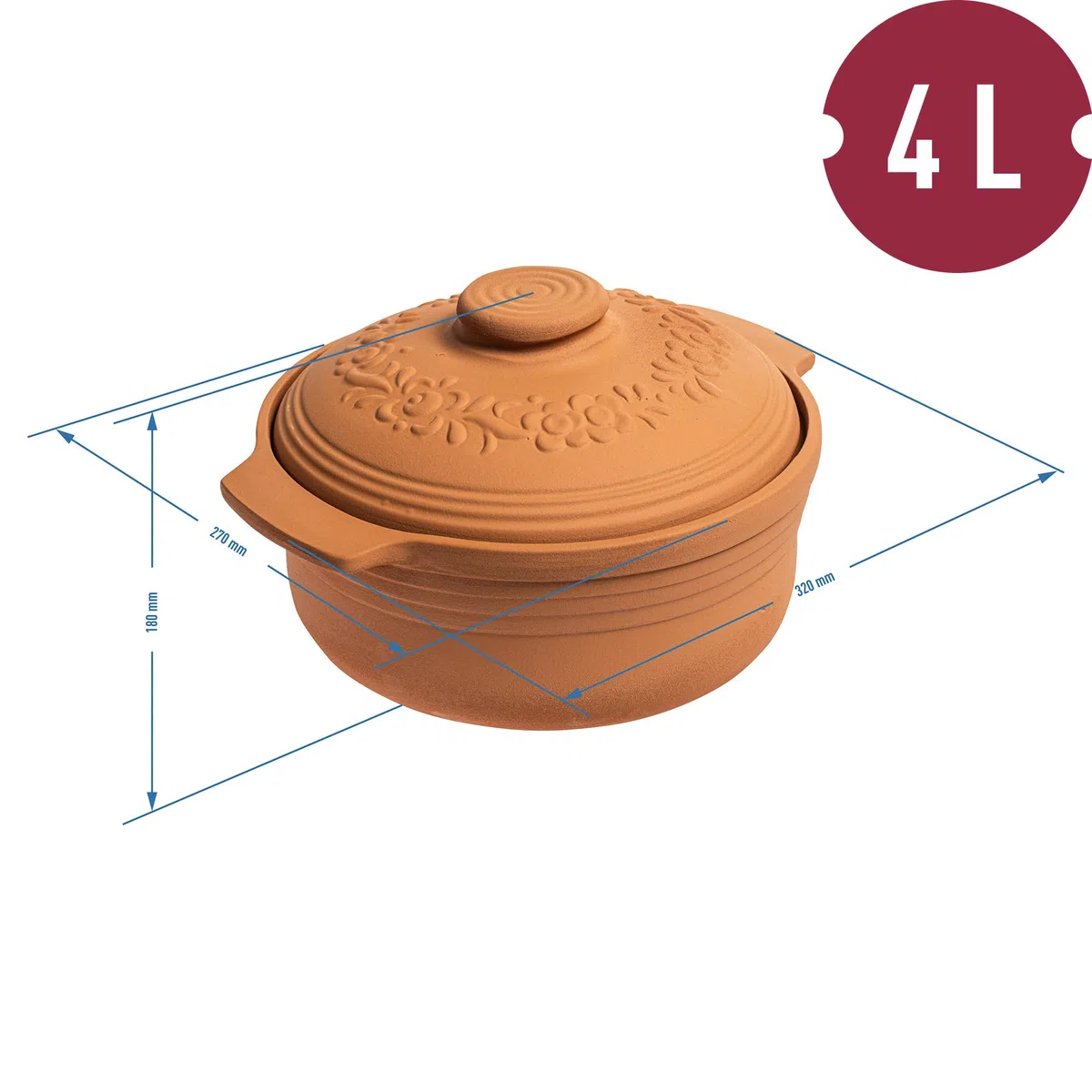 BROWIN Tonbräter Bräter aus Naturton Oval 4 Liter | Tonbräter Dampfgarer | Römischer Tonofen | Auflaufform für fettfreies Kochen und zum Backen von Brot und Kuchen | Brätertopf (4 Liter Oval)