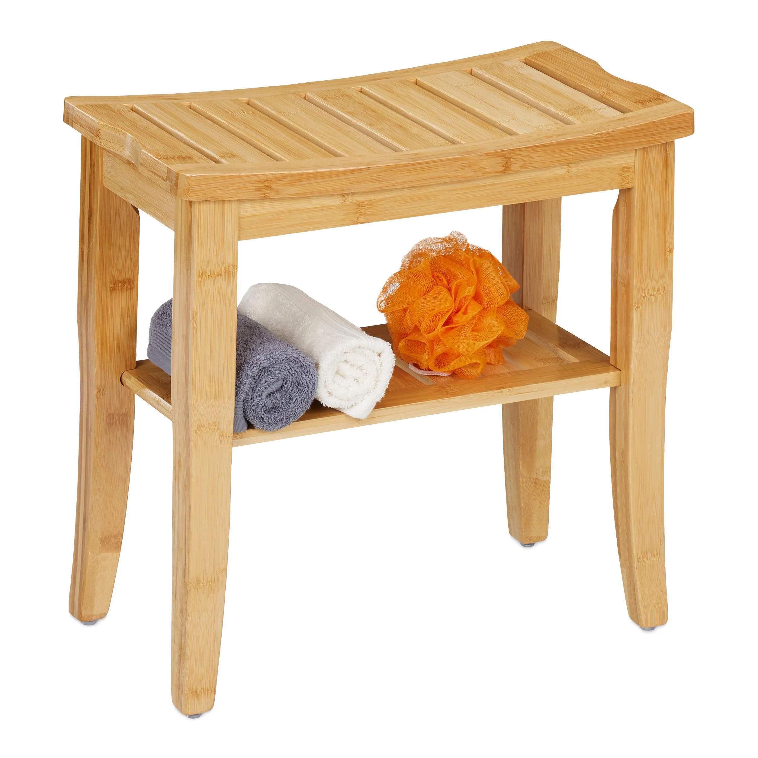 Relaxdays Badhocker Bambus, HxBxT: 45,5 x 48 x 25 cm, Traglast: 150 kg, Antirutsch-Füße, Sitzhocker mit Ablage, Natur