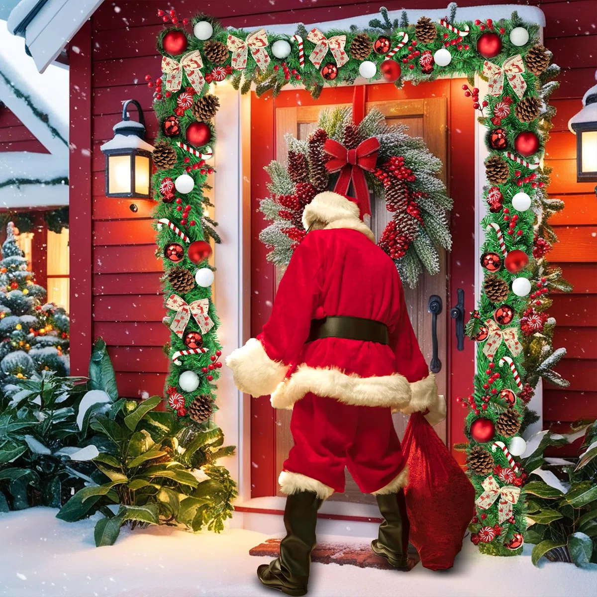 Weihnachtsgirlande 2.7M,mit Beleuchtung 50 LEDs warmweiß, Kommt mit 45 Weihnachtsaccessoires，Künstliche Tannengirlande.Weihnachtsdeko Tannengrün mit Lichterkette & Deko für In- & Outdoor.