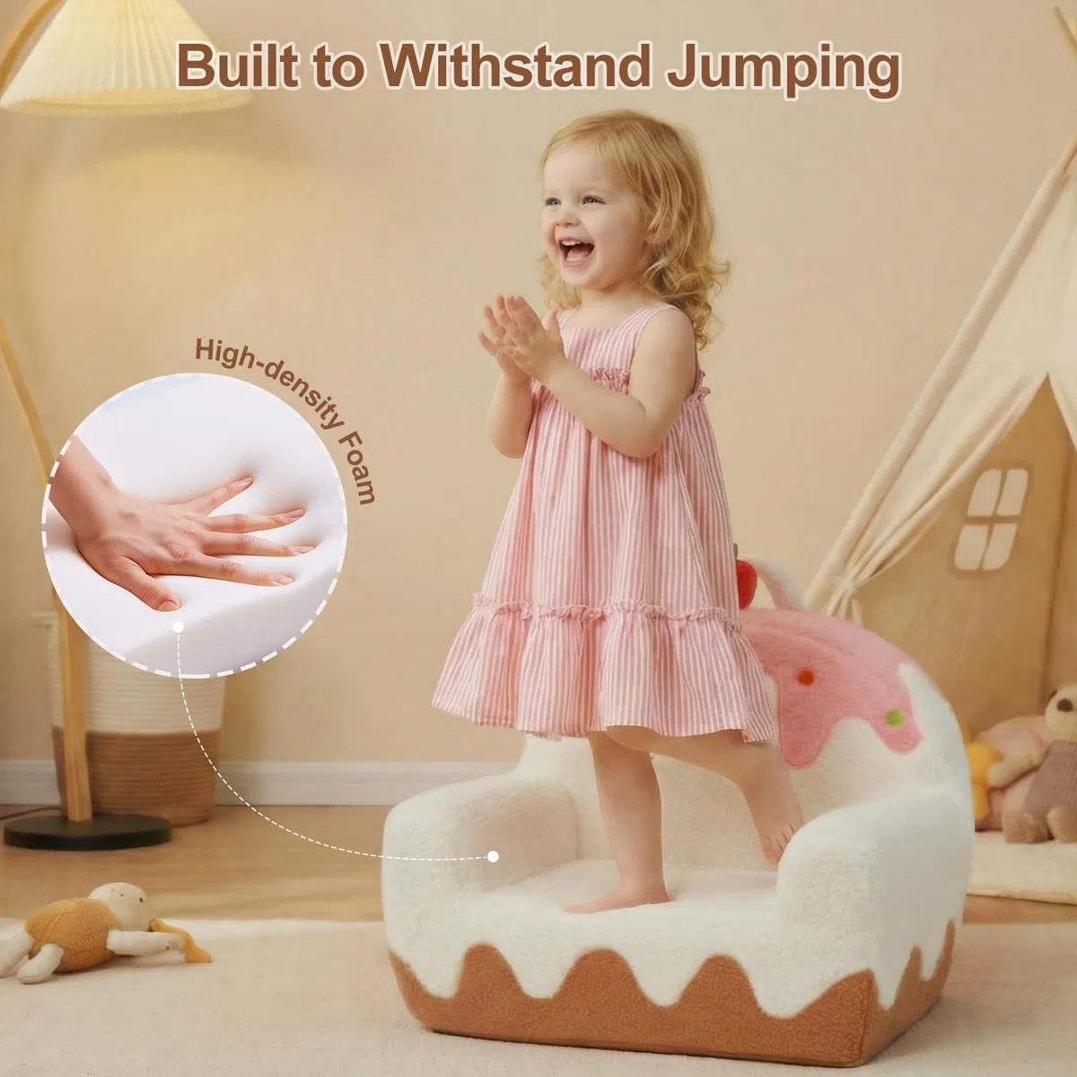 OUOZZZ Kindersofa & Kindersessel ab 1 Jahr, Soft Sherpa Kinder Sofa & Sessel Waschbar, Schaumstoff Mini Couch für Kinderzimmer Mädchen & Jungen, Eiscreme Design, Weiß