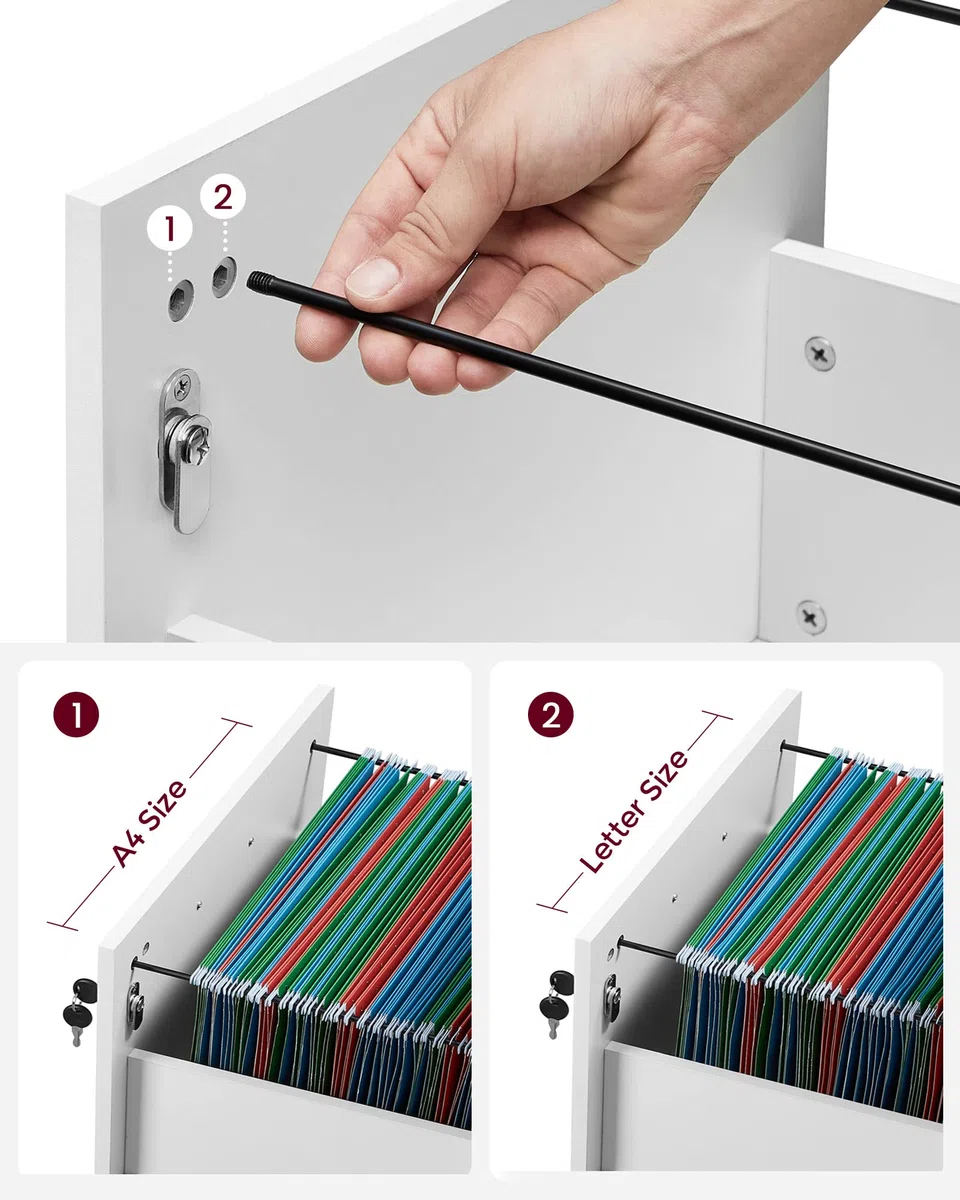 VASAGLE Custos Kollektion - Rollcontainer, abschließbar, Aktenschrank mit 2 Schubladen, 5 Rollen und Verstellbarer Hängeregistratur, für Dokumente im A4- und Letter-Format, weiß LCD22WV1