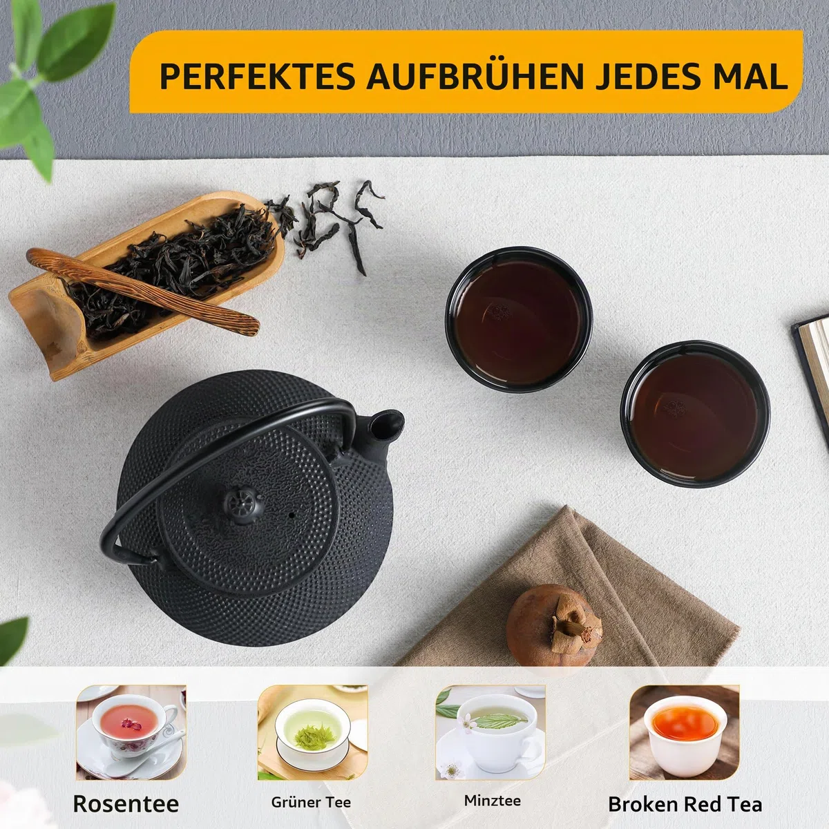 Velaze Teekanne mit Sieb im japanischen Stil, 680ML Teekessel Gusseisen, Teebereiter mit Abnehmbare Edelstahl-Sieb, Teekanne mit Basis und 2 Teebecher