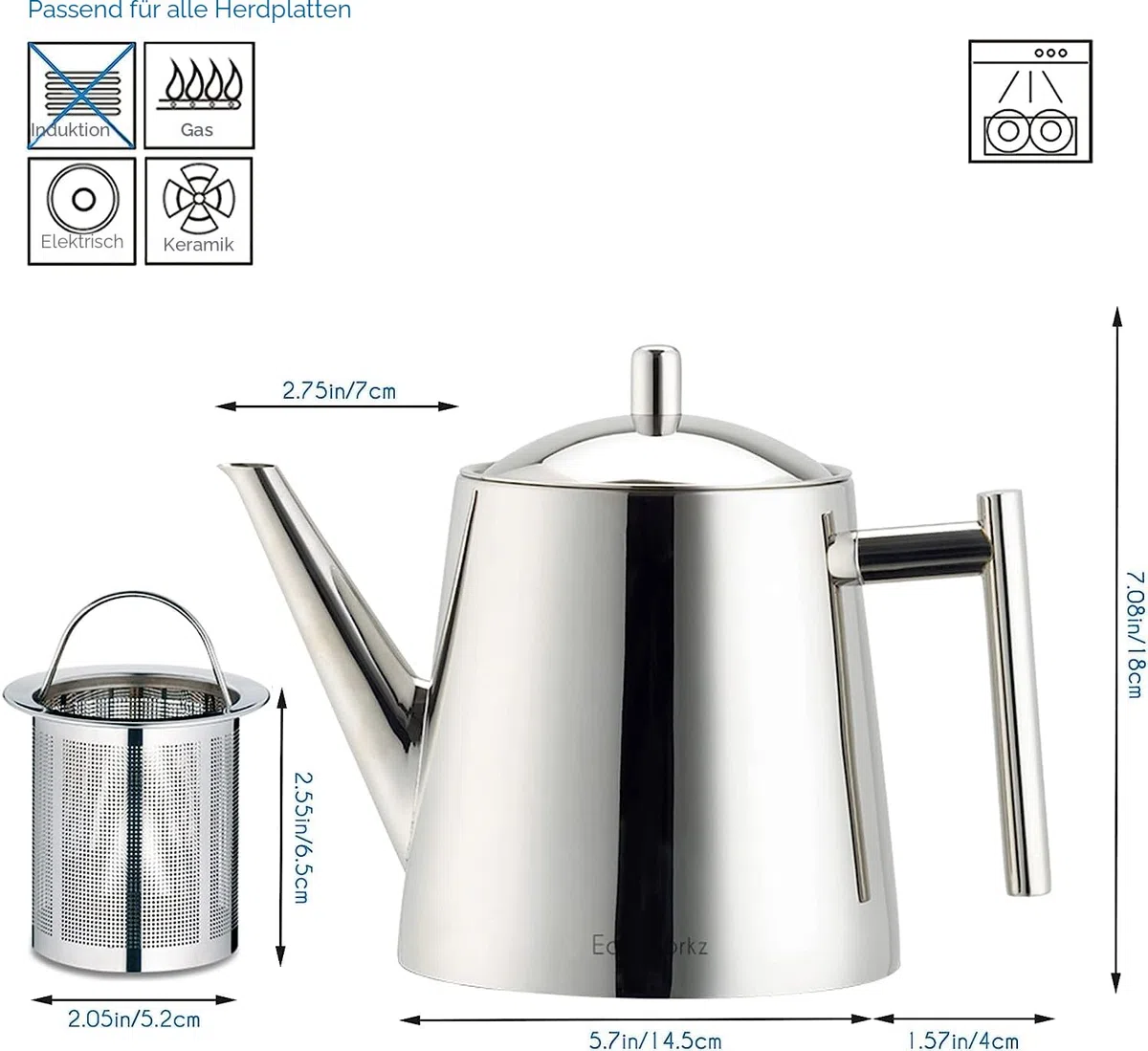 Easyworkz Teekanne mit Siebeinsatz 1500ml Edelstahl,Teebereiter für alle Früchte, Kräuter- und Infusionstee