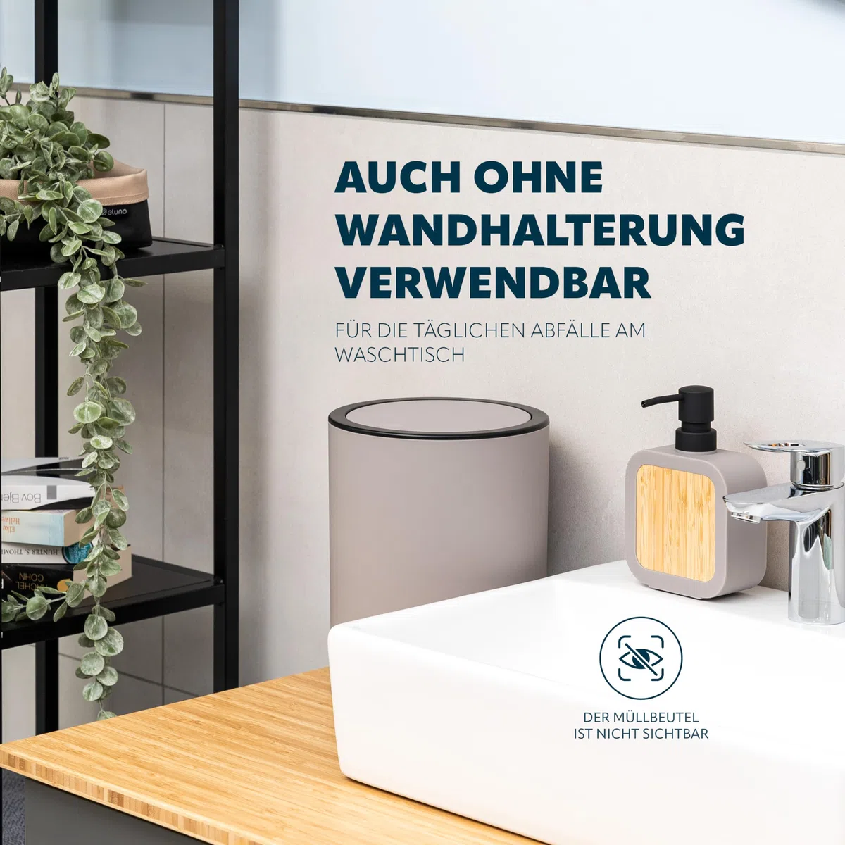 bremermann runder Kosmetikeimer SAVONA mit Softtouch-Oberfläche inkl. Wandhalterung zum Kleben oder Bohren mit Schwingdeckel, Abfalleimer aus Kunststoff, 5,5 Liter Fassungsvermögen (Taupe)