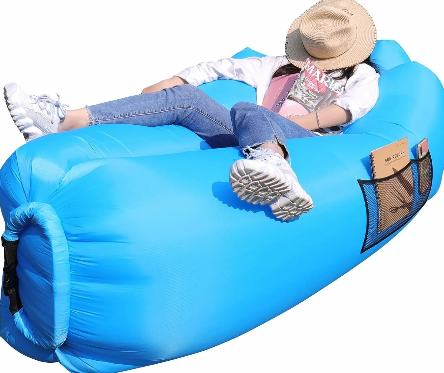 AngLink Luftsofa mit Kopfstütze, aufblasbares Sofa, wasserdichter Air Lounger ohne Pumpe mit 2 Lufteinlässen, bis 200 kg, 2 Seitentaschen und Tragebeutel für Camping, Park und Strand,Blau